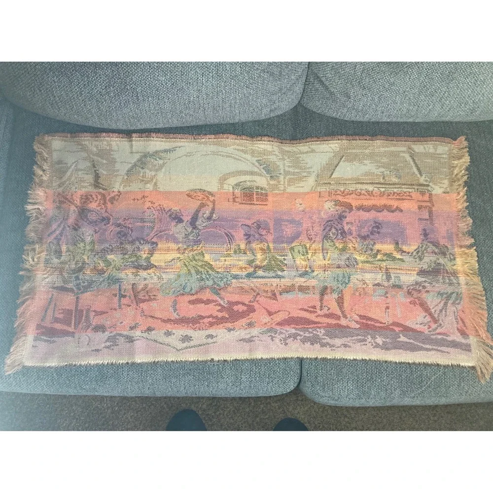 Vtg Woven Tapestry Table Runner Figural Tavern Dance French Belgian‎ Style 36
